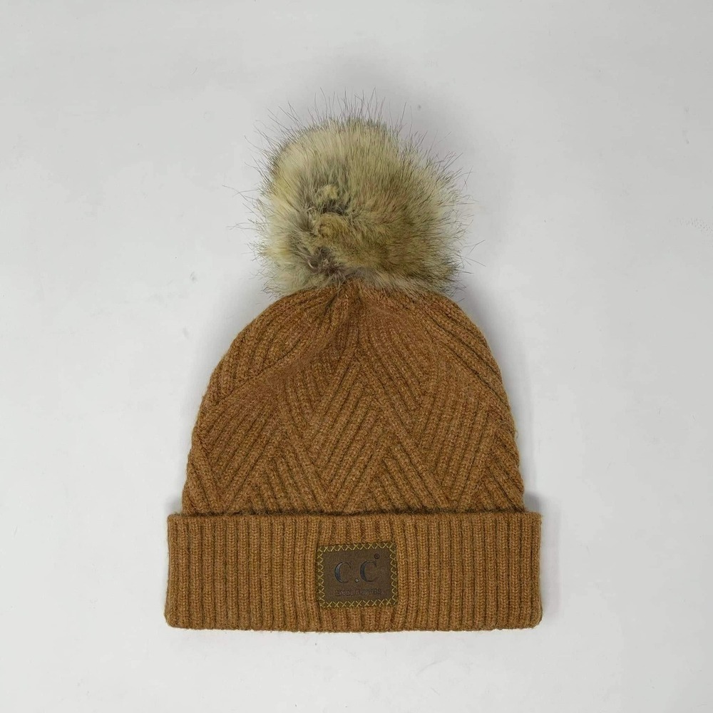 CC Beanie Cocoa Brown Faux Pom Large‎ Patch Hat Casual Winter Boho